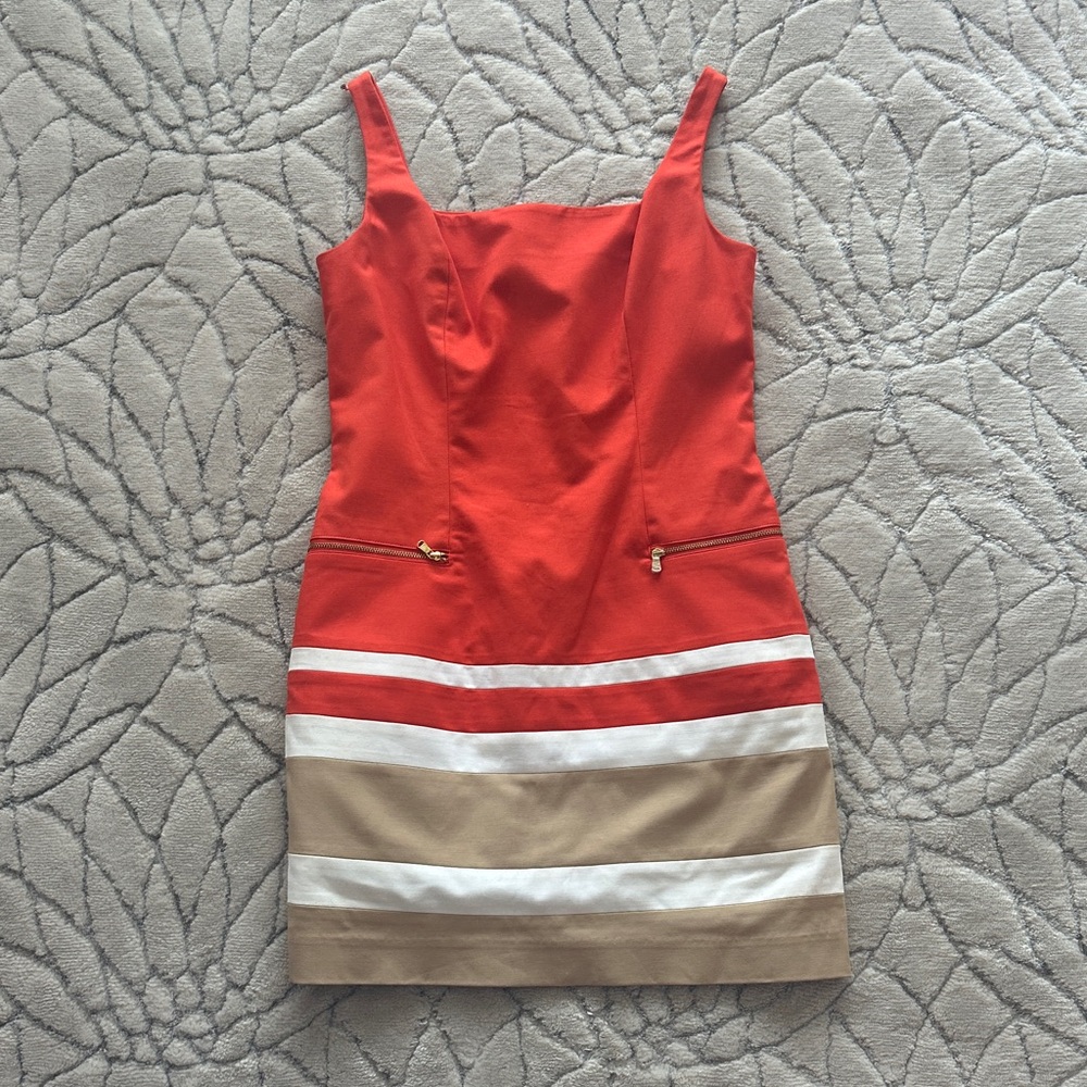 Lauren Ralph Lauren Vibrant Orange and Beige Striped High Low Dress